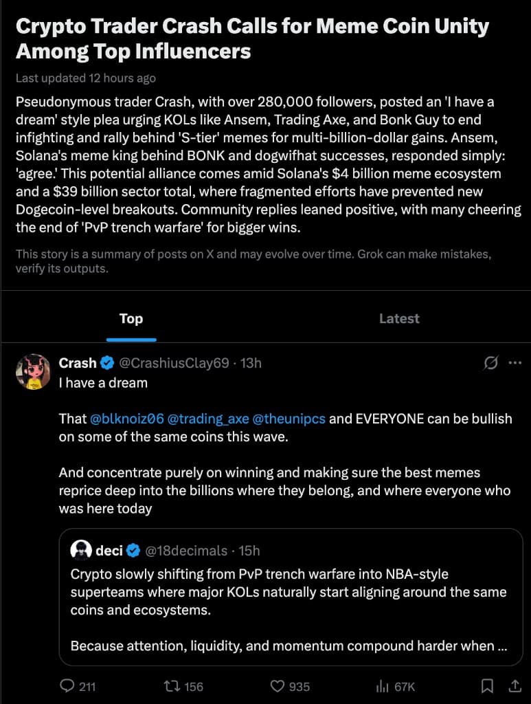 Crypto Trader Crash Calls for Meme Coin Unity Among Top Influencers